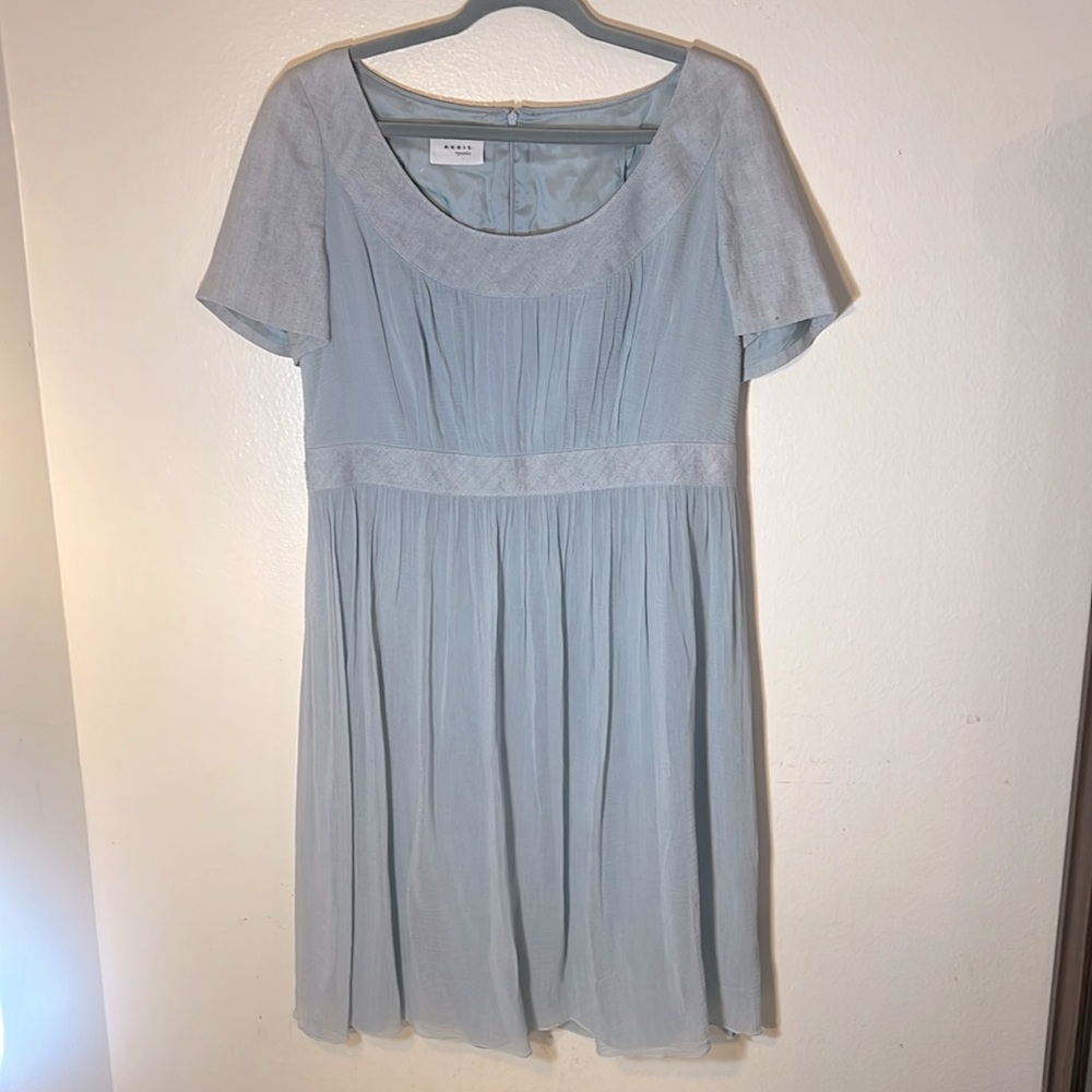 Akris Punto Light Ice Blue Cotton Silk Empire Waist Short Sleeve Chiffon Dress L